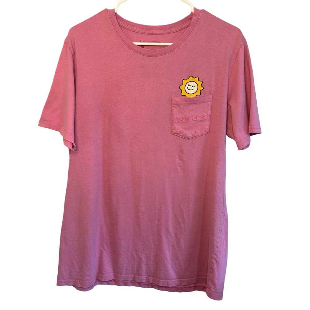 Dutch Bros Pink “Radiate Positivity” MEDIUM+ LARGE Sun Front Pocket T DB 1992